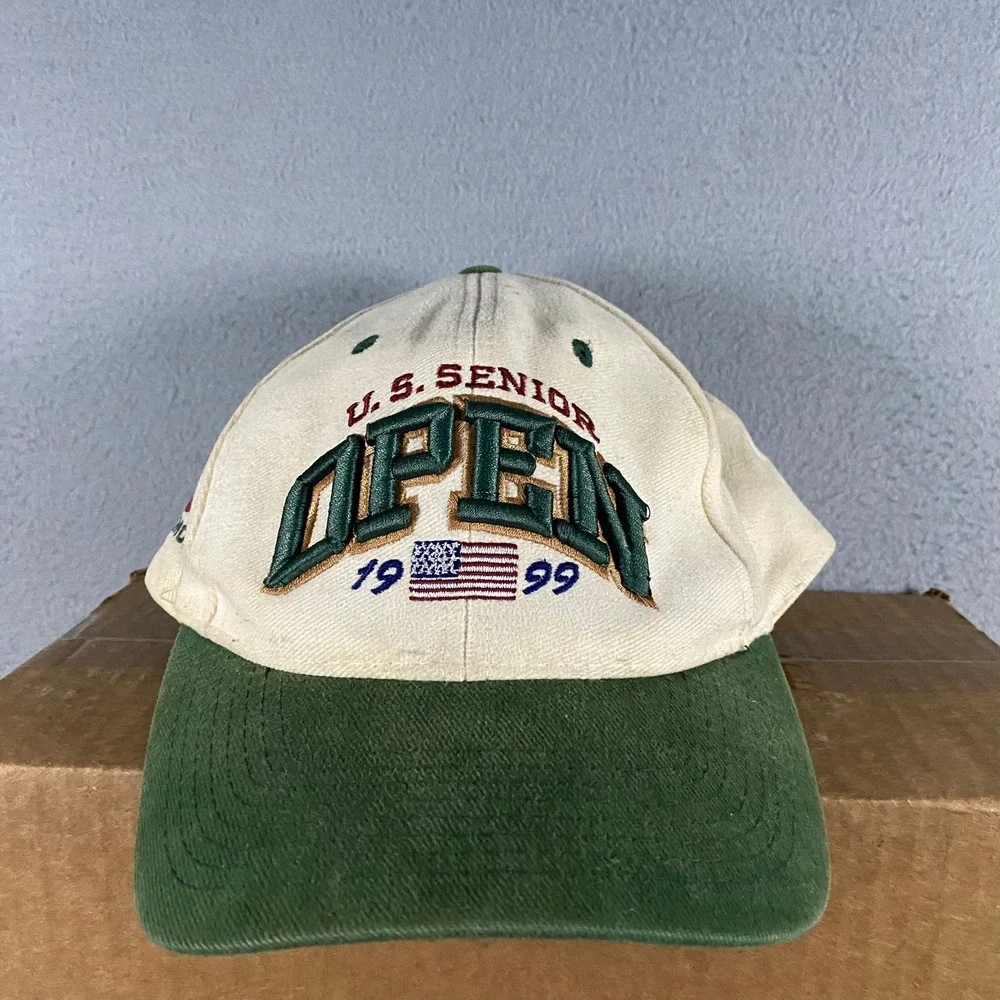 Vintage 1999 US Senior Open Des Moines Golf Hat Cream Green Strap Back